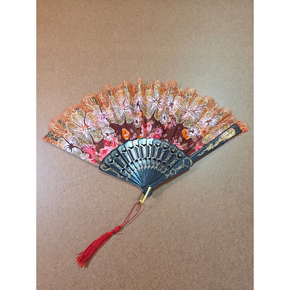 Vintage Style Floral Folding Hand Fan Black Gold Glitter Lace Tassel 9 Inch - Picture 3 of 8